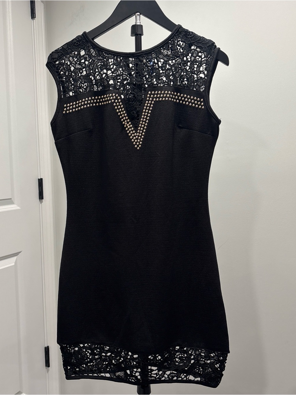 NWT White Mark Black Lace-Trim Mini Dress with Gold Stud Accents